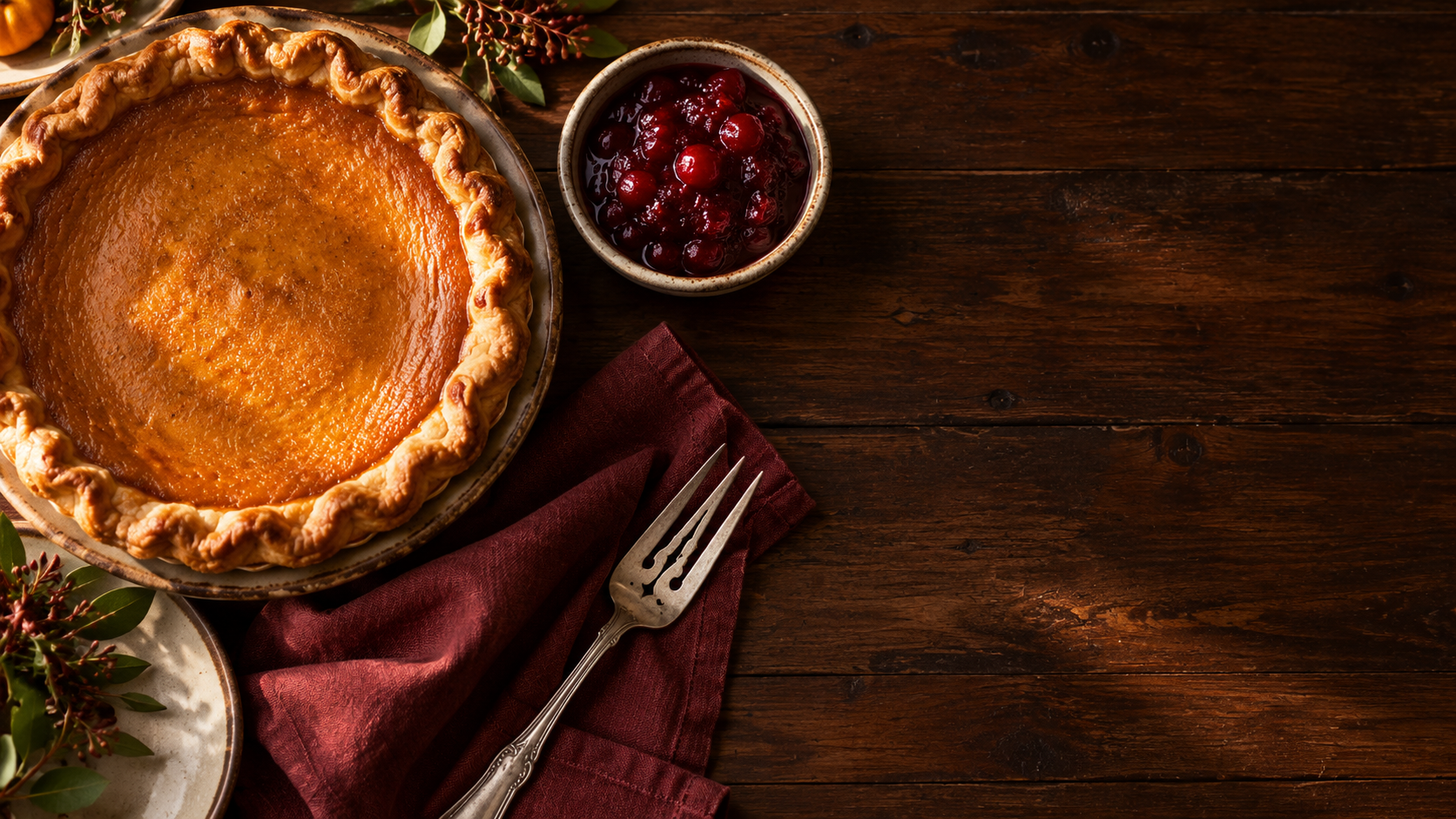 Thanksgiving table with pie and cranberry sauce
